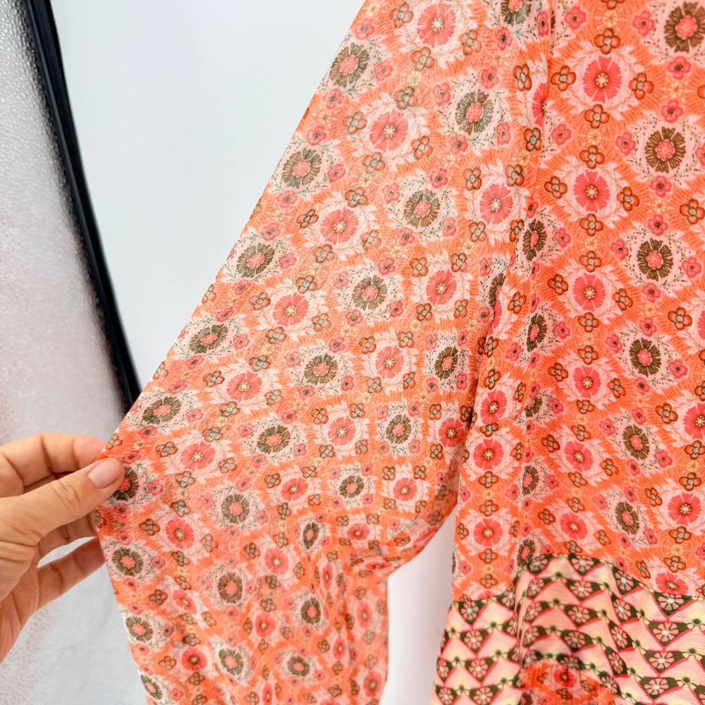 LOFT Geometric Print Long Sleeve Mini Dress Orange XL‎ Boho Medallion Peasant - Picture 6 of 7